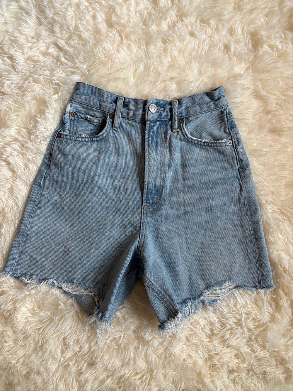 AGOLDE Stella Womens Denim Shorts Light Wash Distressed Raw Hem Size 23